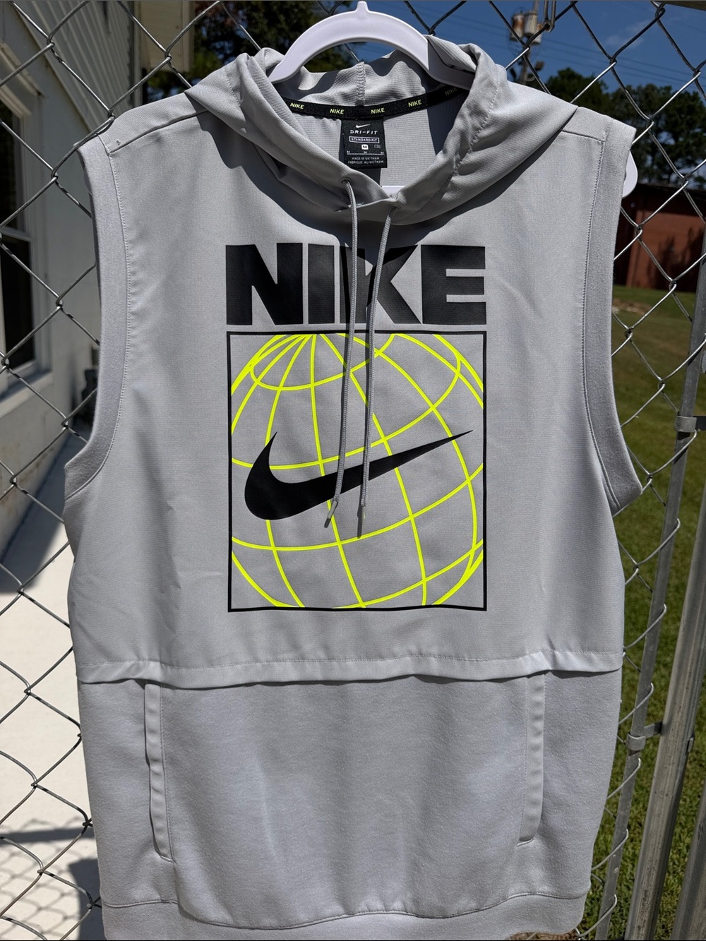 Nike Gray Sleeveless Hooded Training Top with Neon Yellow Globe Graphic